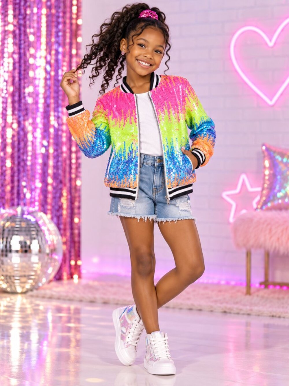 NWOT - Nickelodeon JoJo Siwa Neon Rainbow Sequin Bomber Jacket Sz 10/12